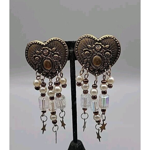 Floral Heart Dangling Faux Pearl Clip-on Earrings Irridescent Bead Stars Vintage - Picture 2 of 11